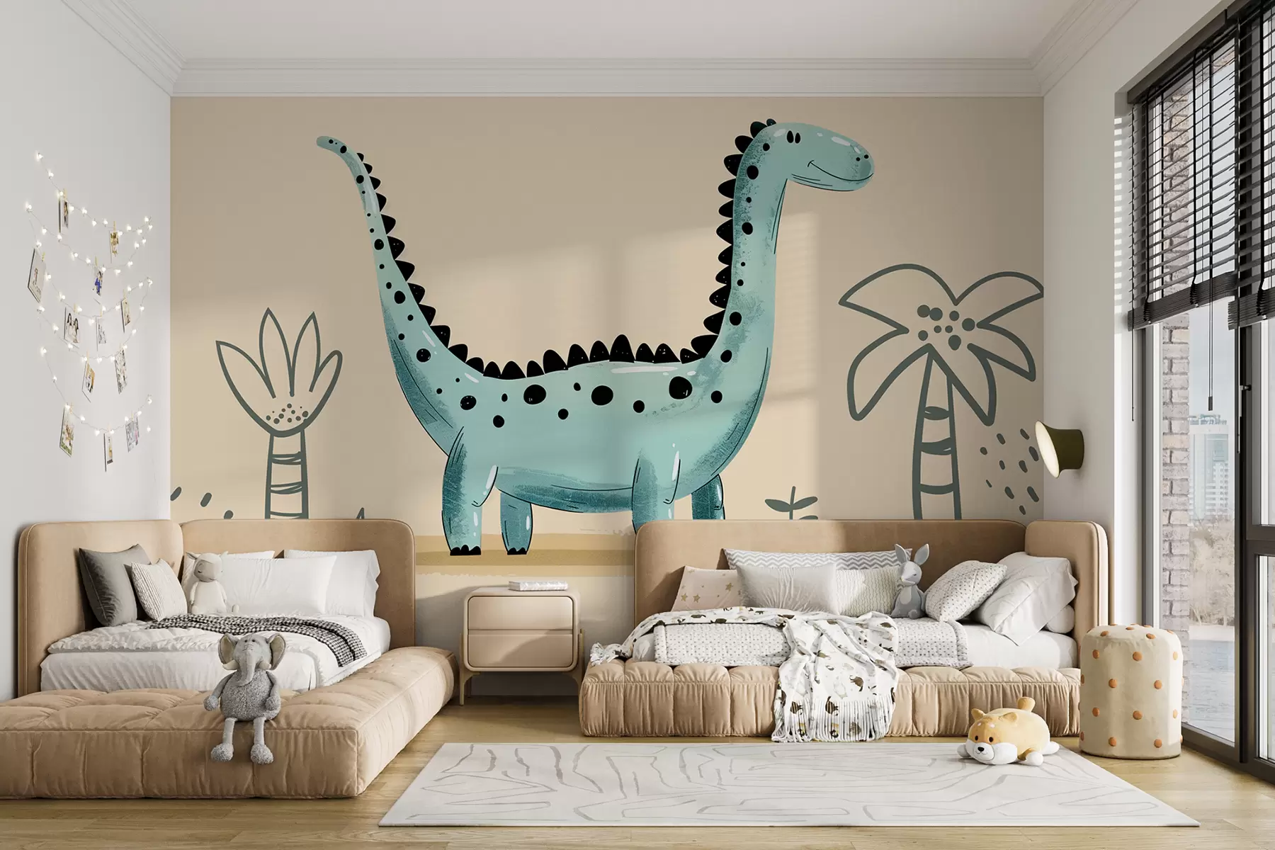 wall murals Слатки диносаурус на беж позадини са палмама w01357v1