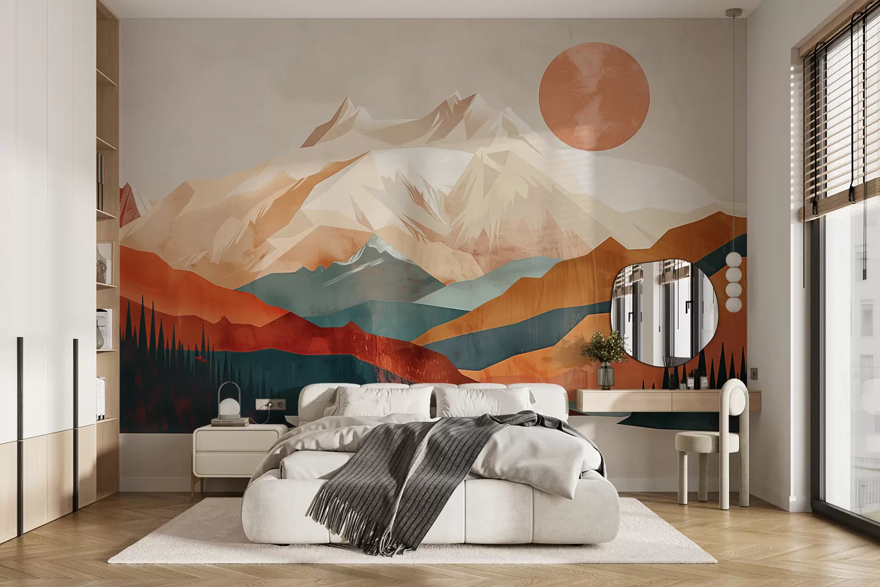 wall murals Бохо блаженство: спокојан пејзаж планина, дрвећа и сунца w01358