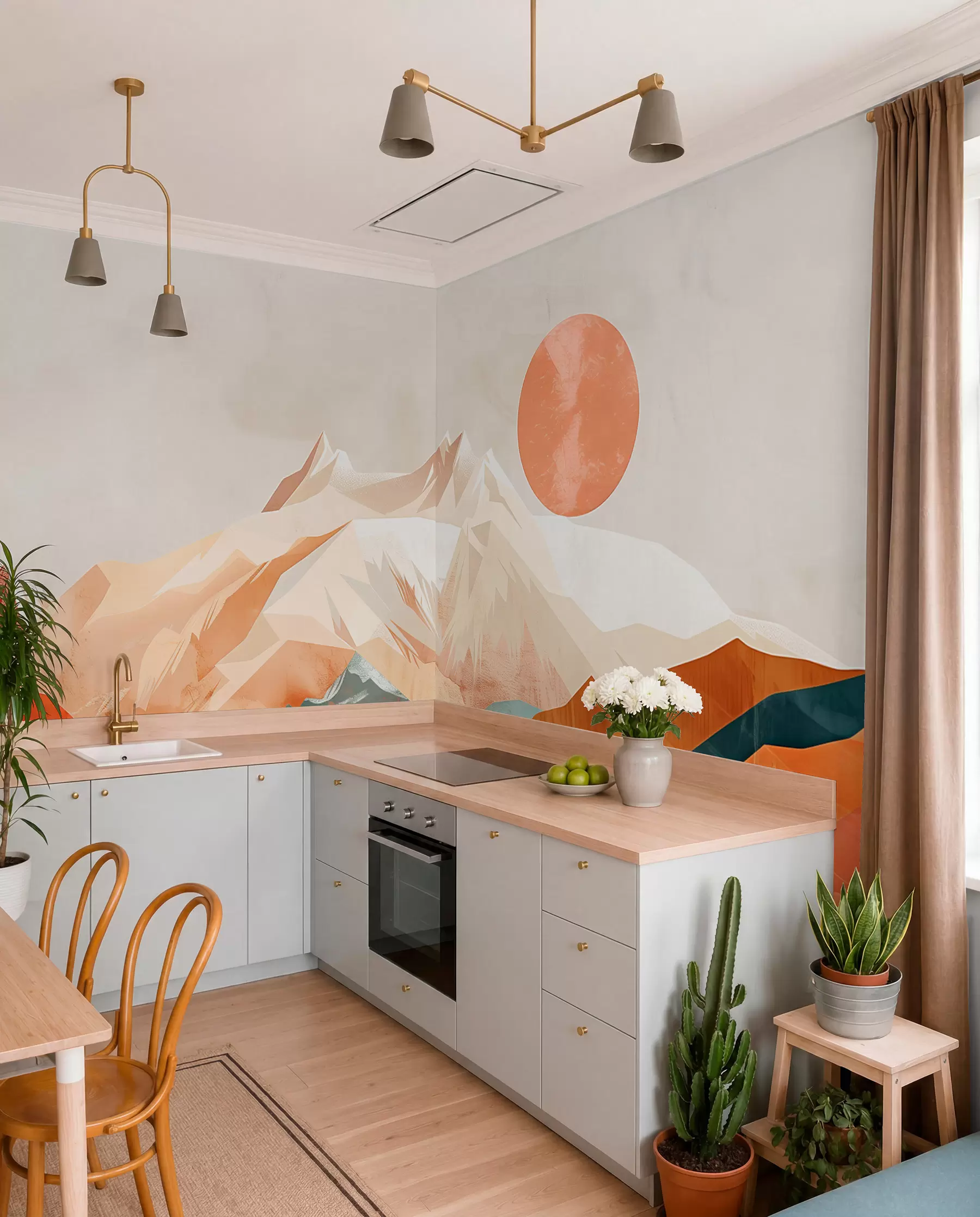 wall murals Бохо блаженство: спокојан пејзаж планина, дрвећа и сунца w01358