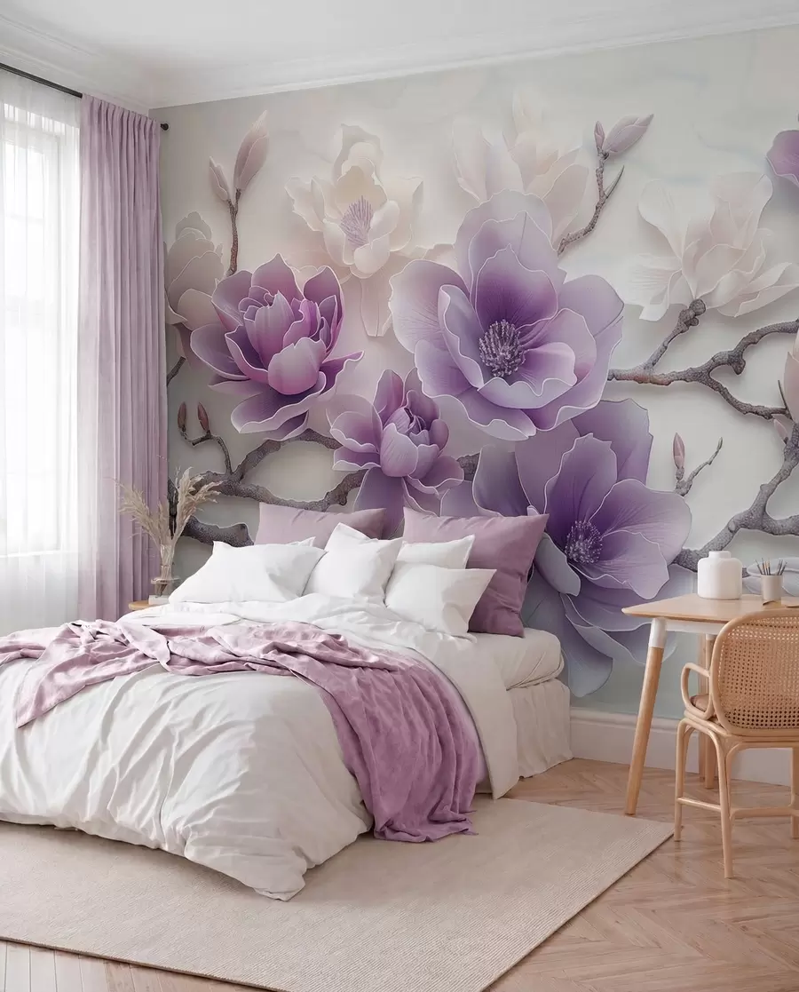 wall murals Љубичасти рељефни цветови магнолије на грациозној грани w01359