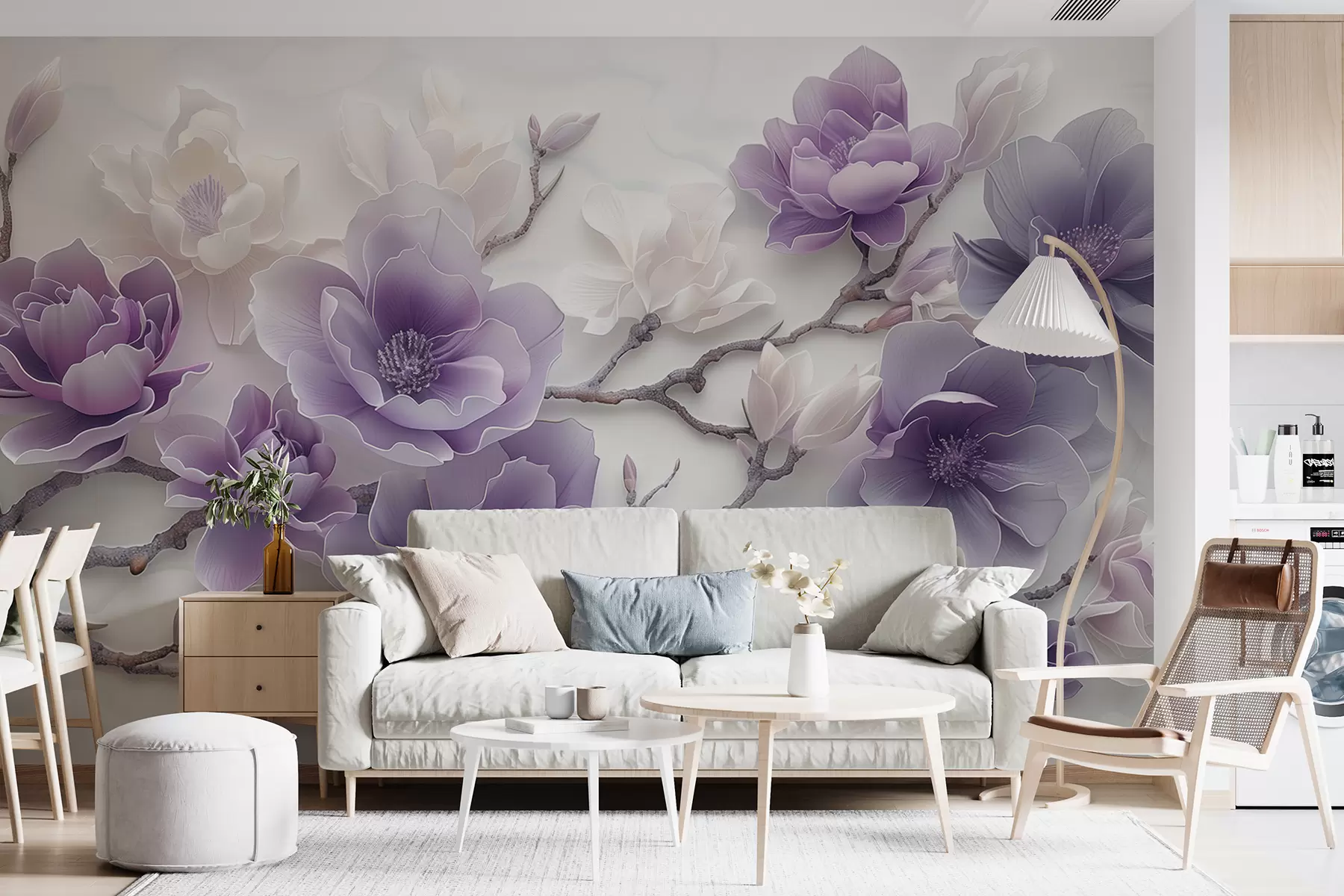 wall murals Љубичасти рељефни цветови магнолије на грациозној грани w01359