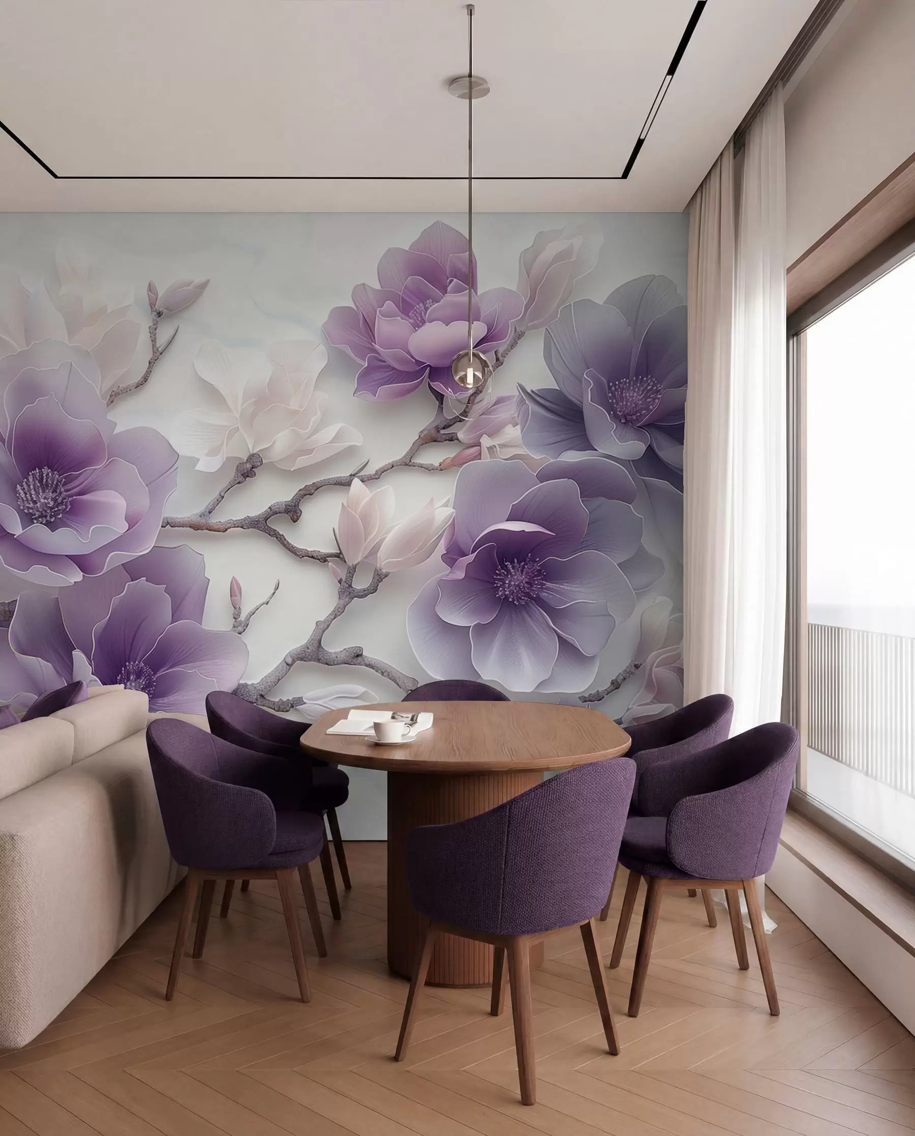 wall murals Љубичасти рељефни цветови магнолије на грациозној грани w01359