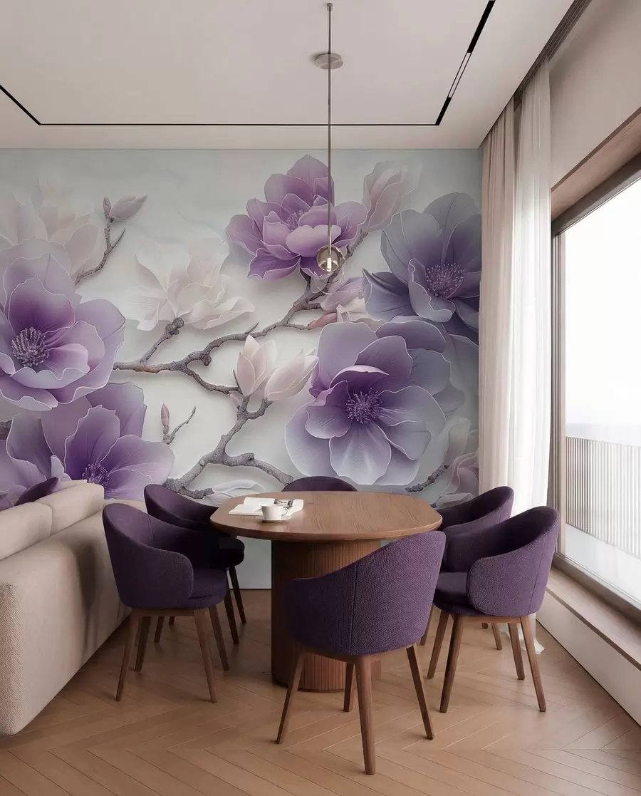 wall murals Љубичасти рељефни цветови магнолије на грациозној грани w01359