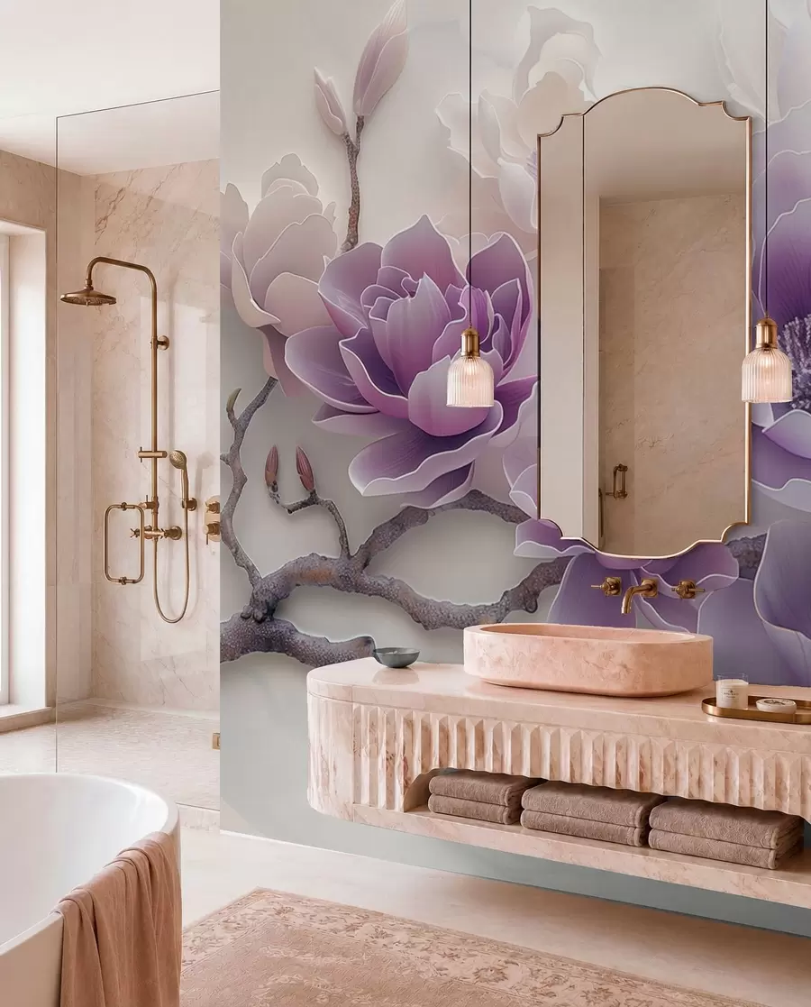 wall murals Љубичасти рељефни цветови магнолије на грациозној грани w01359