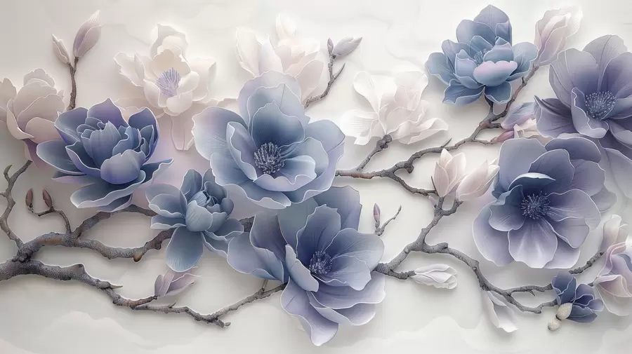 wall murals Плаво рељефно цвеће магнолије на грациозној грани w01359v1