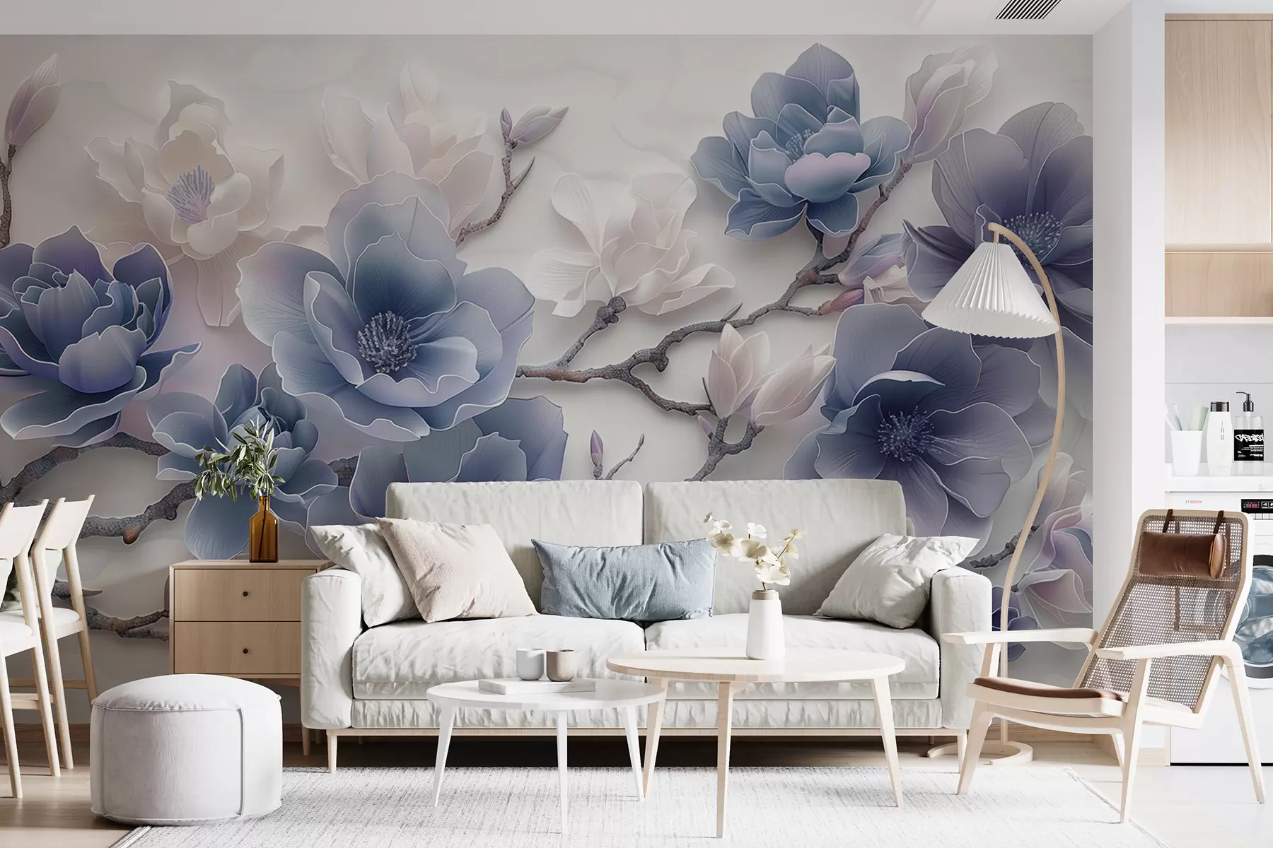 wall murals Плаво рељефно цвеће магнолије на грациозној грани w01359v1