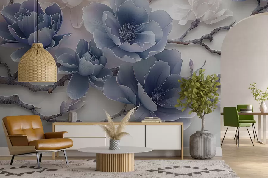 wall murals Плаво рељефно цвеће магнолије на грациозној грани w01359v1