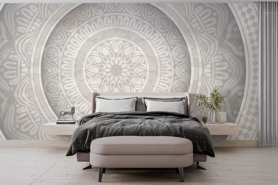 wall murals Детаљан симетричан сиво-бели отисак мандала са концентричним круговима и геометријским облицима   w08182