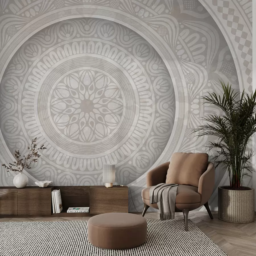 wall murals Детаљан симетричан сиво-бели отисак мандала са концентричним круговима и геометријским облицима   w08182