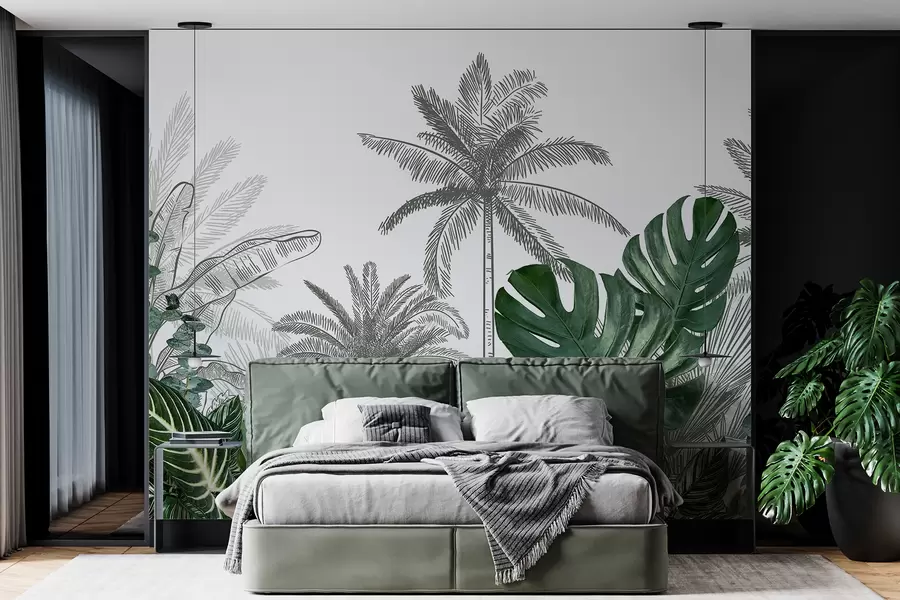 wall murals Штампа тропске џунгле са палмама и великим зеленим лишћем, нацртана у старинском стилу ботаничке илустрације w08184