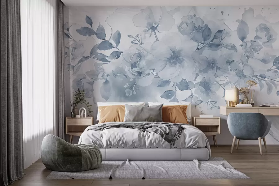 wall murals Меки, замућени цветни узорак у нијансама сиве и беле, са деликатним цветовима и листовима w08189