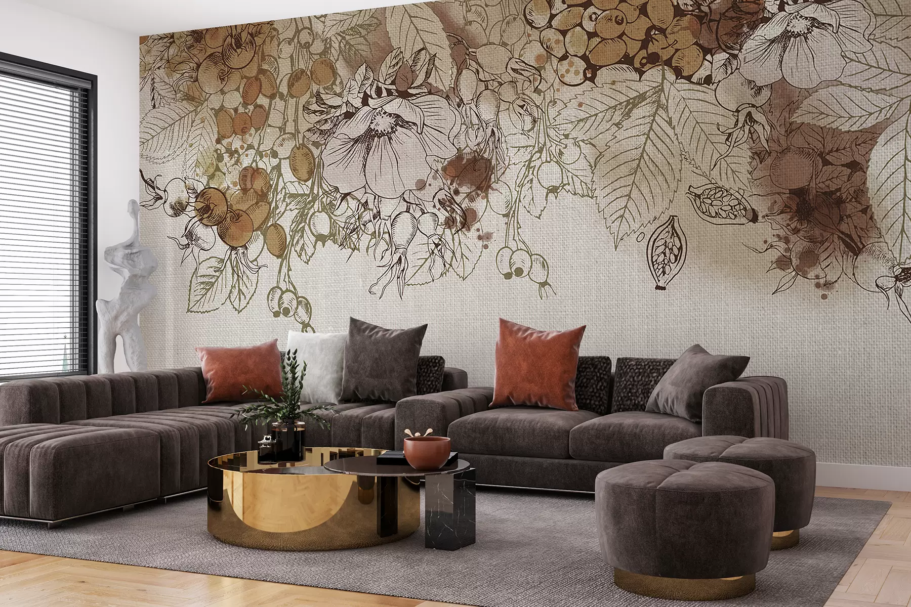 wall murals Јесењи листови и други природни елементи распоређени у декоративни принт на текстурираној позадини w08190