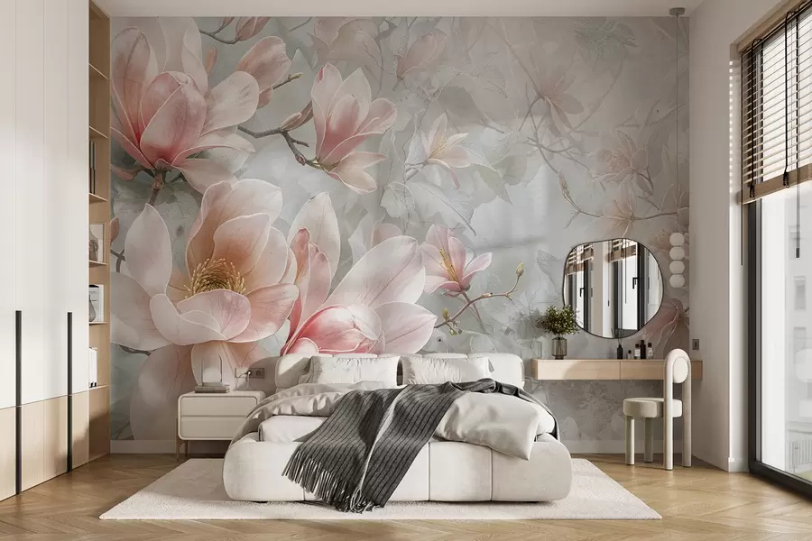 wall murals Нежно ружичасто цвеће магнолије цвета на мекој, замућеној цветно сивој позадини w08192