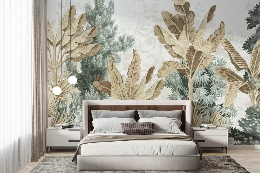 wall murals Бујни отисак тропског лишћа са зеленим и смеђим лишћем, палмама и другим егзотичним биљкама w08200