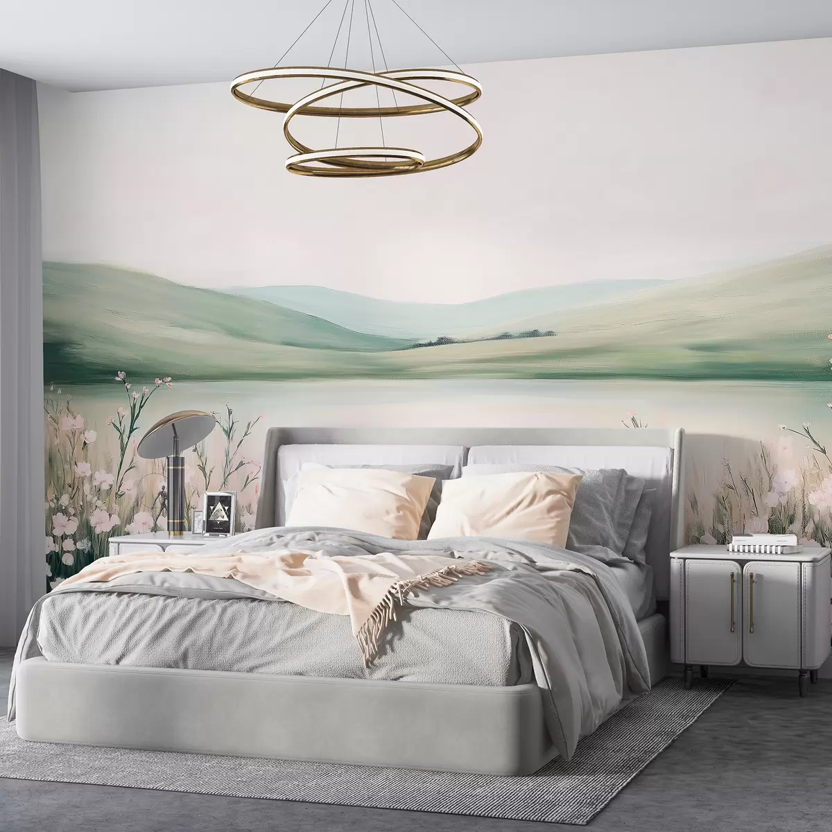 wall murals Цветна ливада, пејзаж природе, језеро, розе цвеће, зелена брда w01387