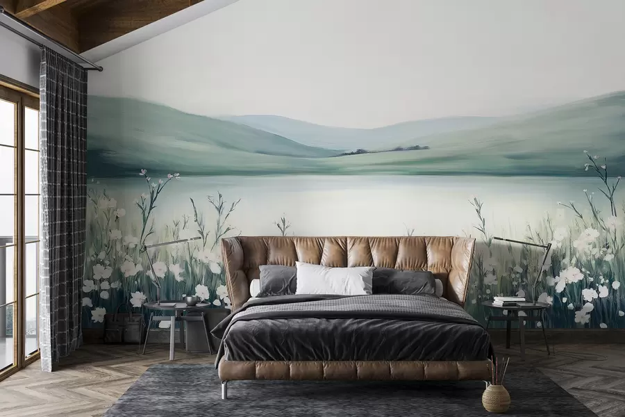 wall murals Цветна ливада, пејзаж природе, језеро, палета зелених и плавих боја  w01387v1