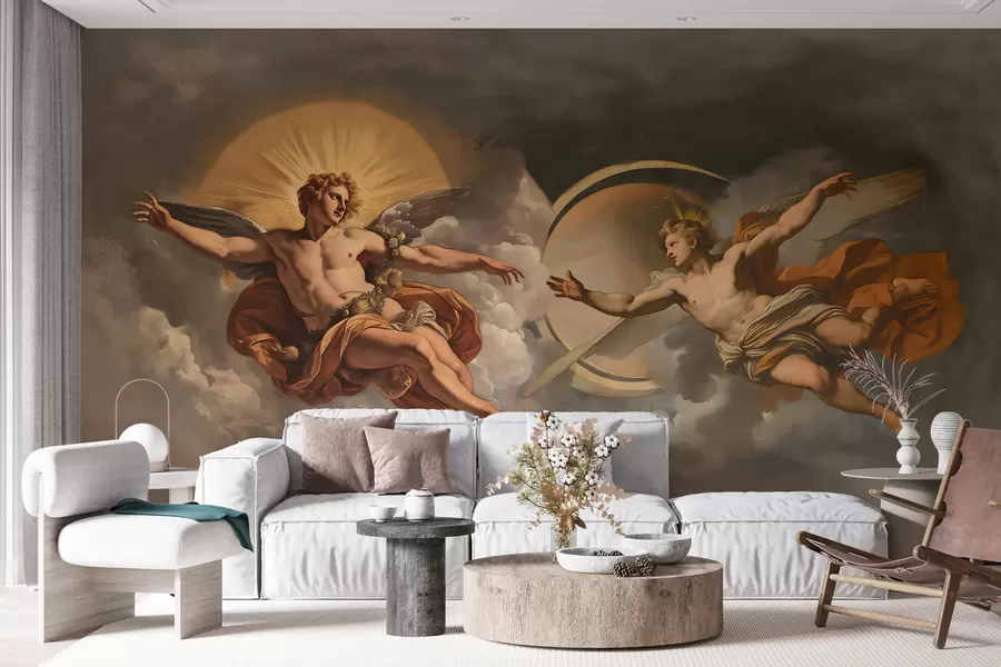 wall murals зидни мурал у стилу ренесансних фресака у беж и тамним нијансама. Две мушке фигуре богова које се пружају једна ка другој w08137