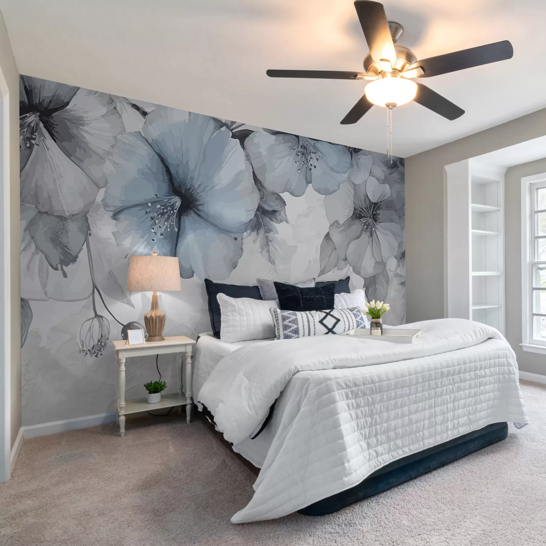 wall murals крупно сиво-плаво цвеће на бетонској позадини w01401