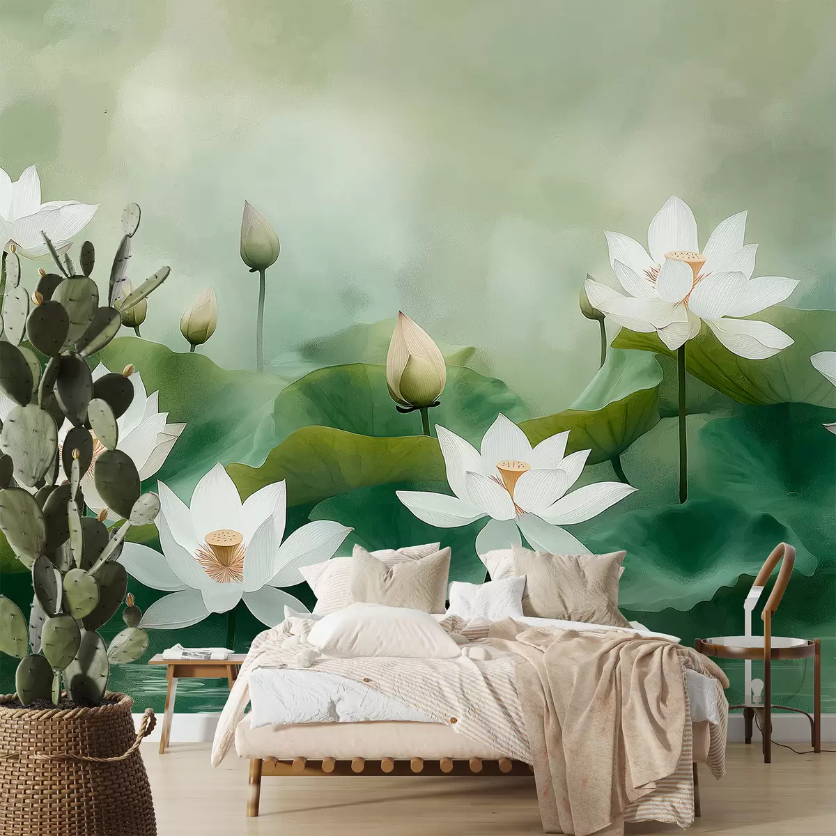 wall murals Лотоси у језеру, природа, магла, акрилни цртеж, велико лишће, џунгла, нежне природне боје w01450
