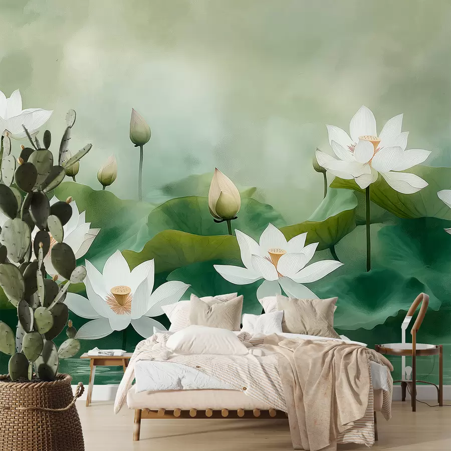 wall murals Лотоси у језеру, природа, магла, акрилни цртеж, велико лишће, џунгла, нежне природне боје w01450