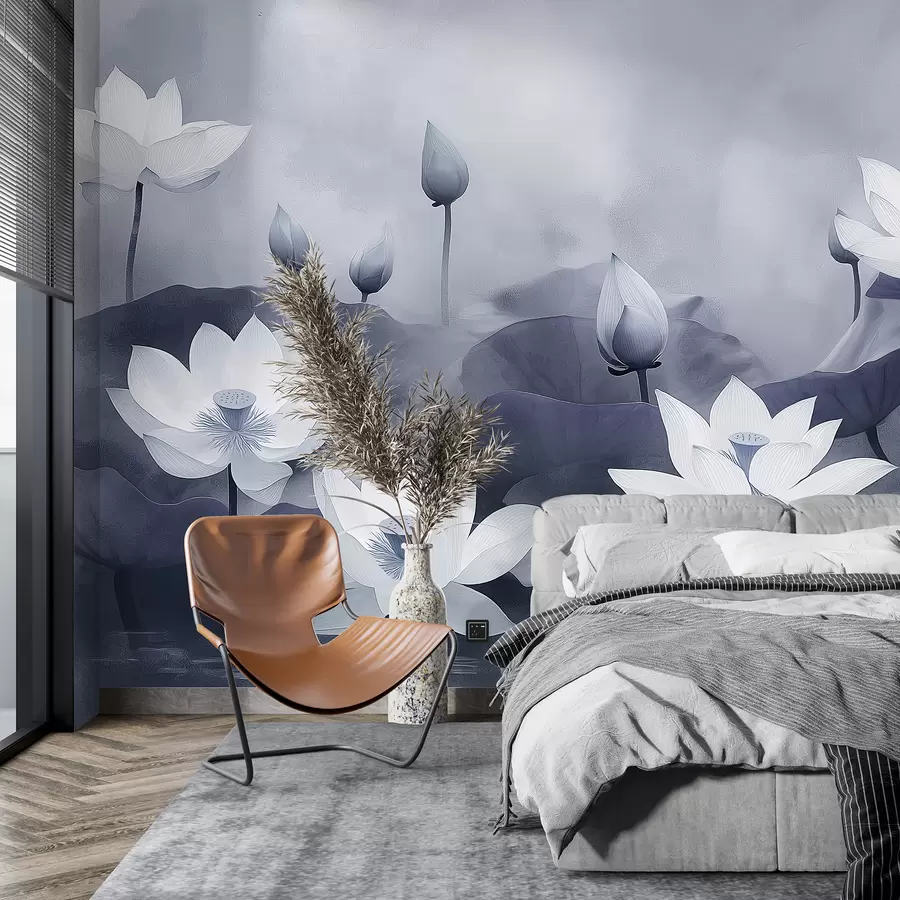 wall murals Лотоси у језеру, природа, магла, акрилни цртеж, велико лишће, џунгла, нежне сиве боје w01450v1