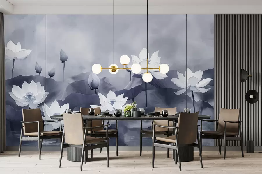 wall murals Лотоси у језеру, природа, магла, акрилни цртеж, велико лишће, џунгла, нежне сиве боје w01450v1