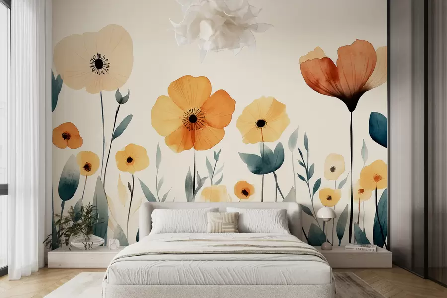 wall murals Акварел ливадско цвеће, рустикална, цветна композиција, једноставан цртеж, беж, наранџаста, плава  w01453
