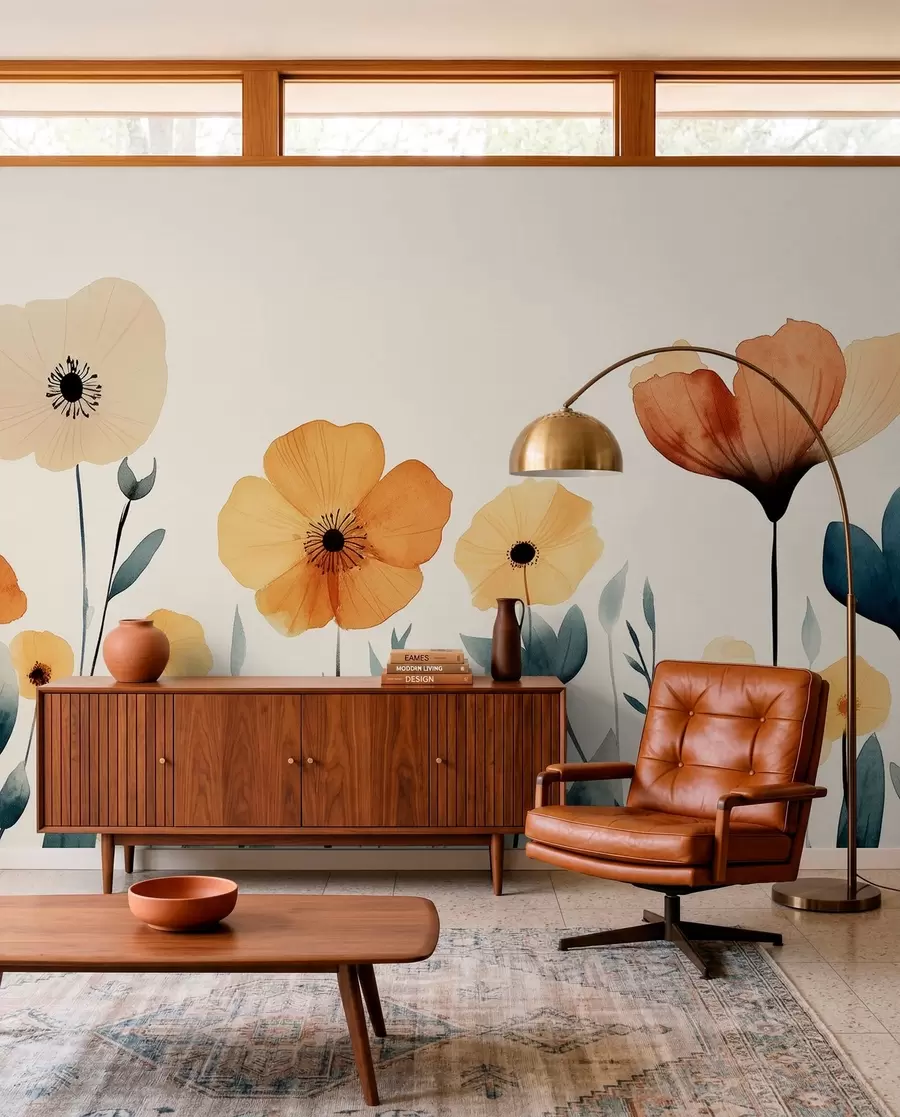 wall murals Акварел ливадско цвеће, рустикална, цветна композиција, једноставан цртеж, беж, наранџаста, плава  w01453
