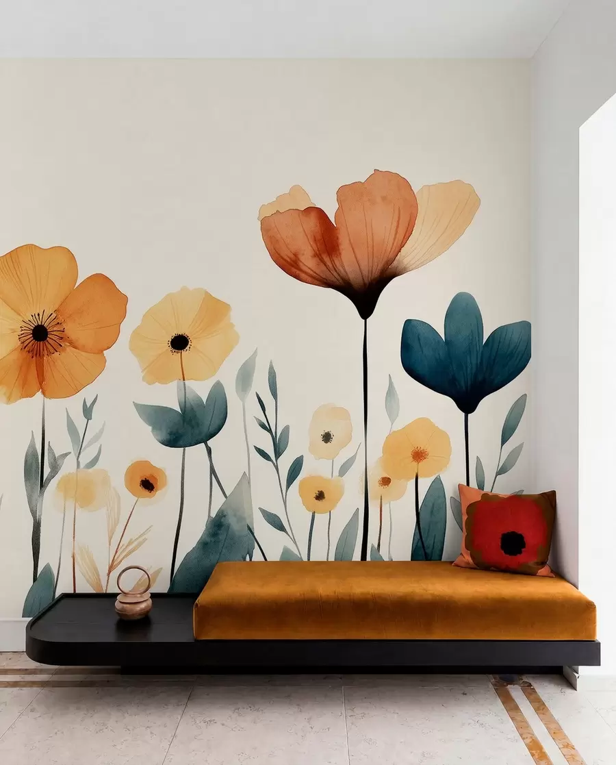 wall murals Акварел ливадско цвеће, рустикална, цветна композиција, једноставан цртеж, беж, наранџаста, плава  w01453