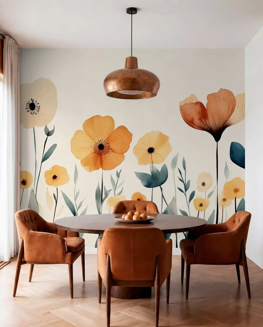 wall murals Акварел ливадско цвеће, рустикална, цветна композиција, једноставан цртеж, беж, наранџаста, плава  w01453