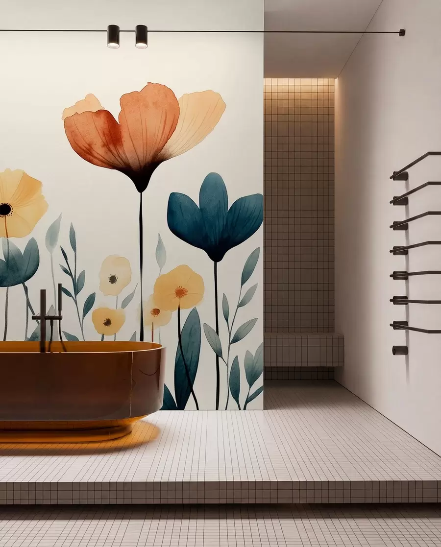 wall murals Акварел ливадско цвеће, рустикална, цветна композиција, једноставан цртеж, беж, наранџаста, плава  w01453