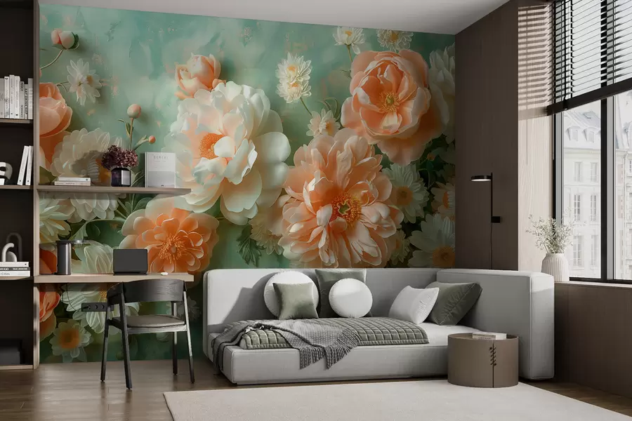 wall murals Мека композиција божура и хризантема на смарагдној позадини w01426