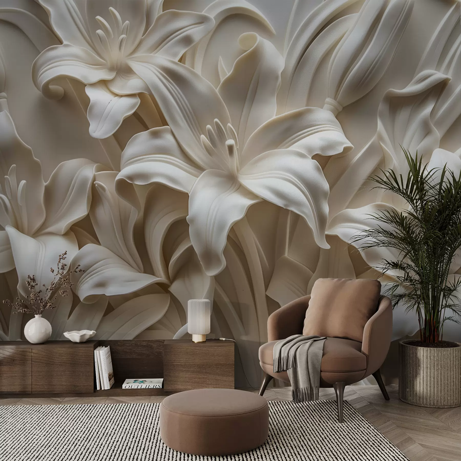 wall murals Елегантан беж 3д рељеф изрезбарених љиљана w01433