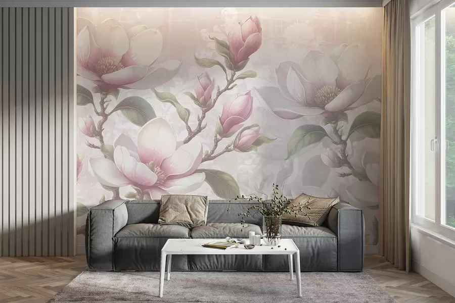 wall murals Нежни ружичасти цветови магнолије у пуном цвету на мекој, замућеној позадини w08216