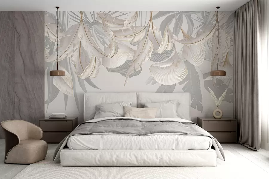 wall murals Деликатни бели и сиви цветни тропски листови стварају меку, етеричну позадину w08217