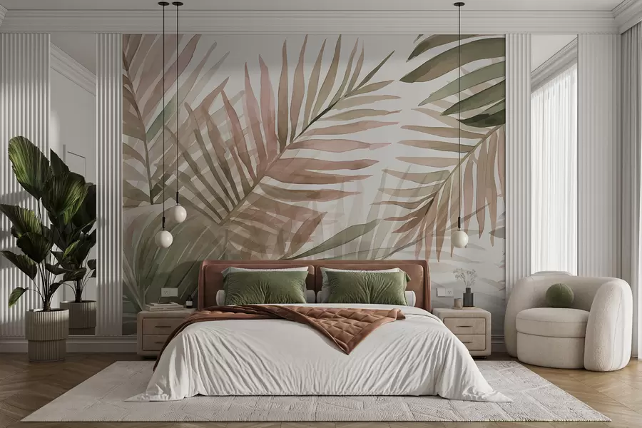wall murals Палмино акварелно лишће у разним нијансама зелене и розе на светлој позадини w08218