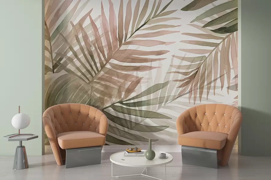 wall murals Палмино акварелно лишће у разним нијансама зелене и розе на светлој позадини w08218