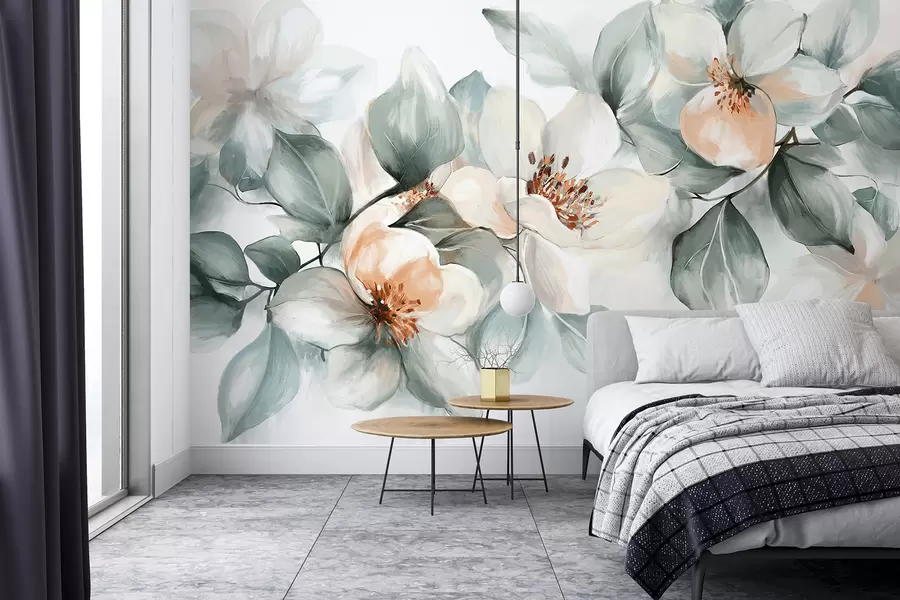 wall murals Деликатни бели и ружичасти цветови магнолије са меким зеленим листовима на светлој позадини w08220