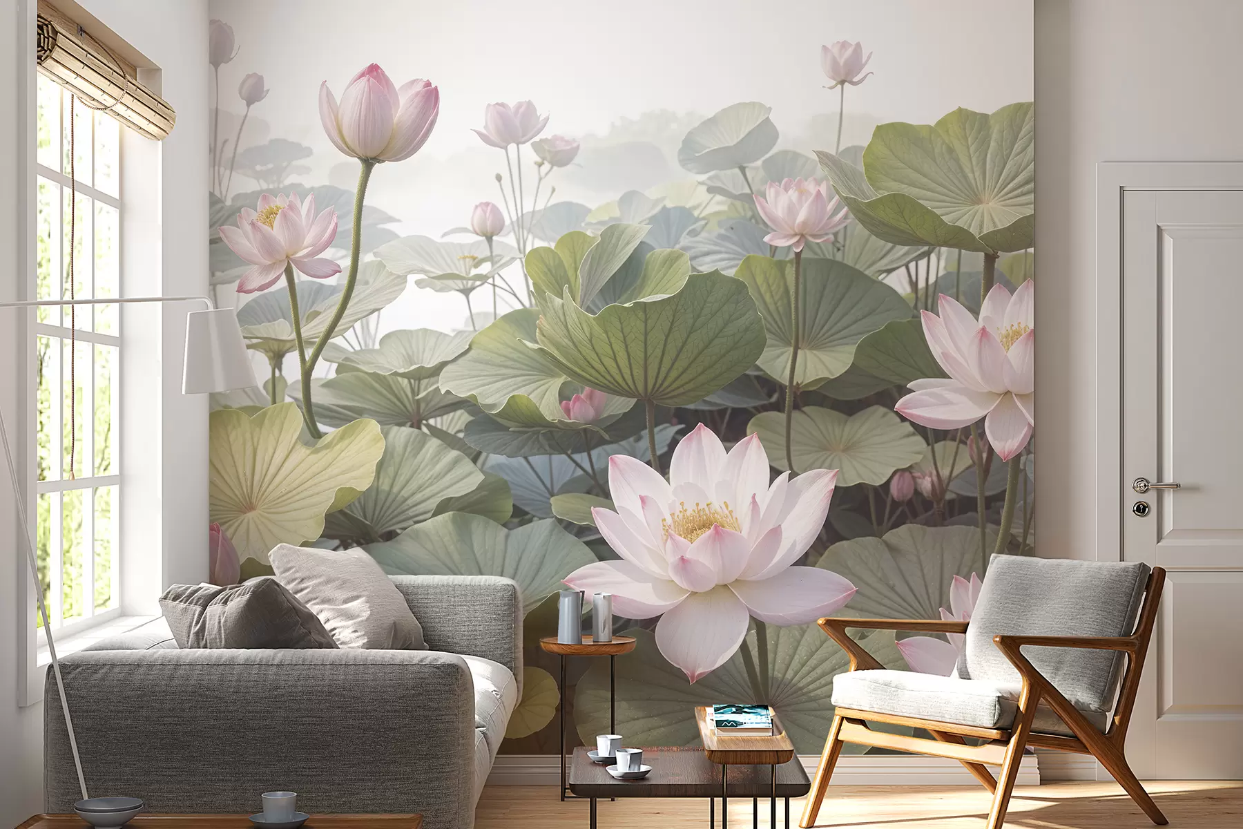 wall murals Ружичасти и бели лотосови цветови са великим зеленим листовима, окружени магловитом, атмосферском позадином w08221