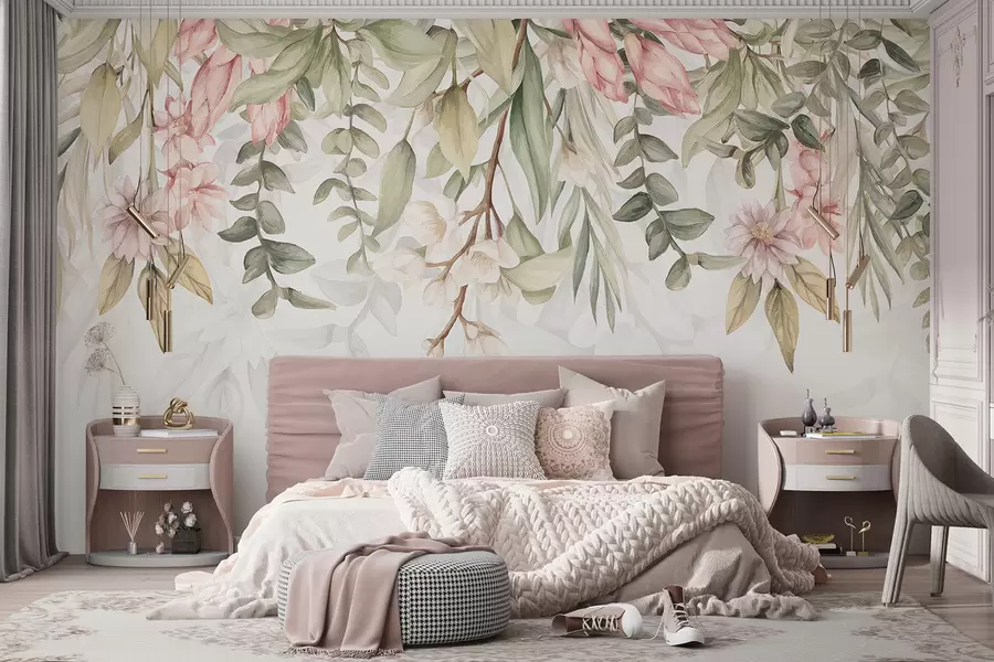 wall murals Нежно розе и бело цвеће са зеленим листовима и стабљикама на светлој позадини w08222