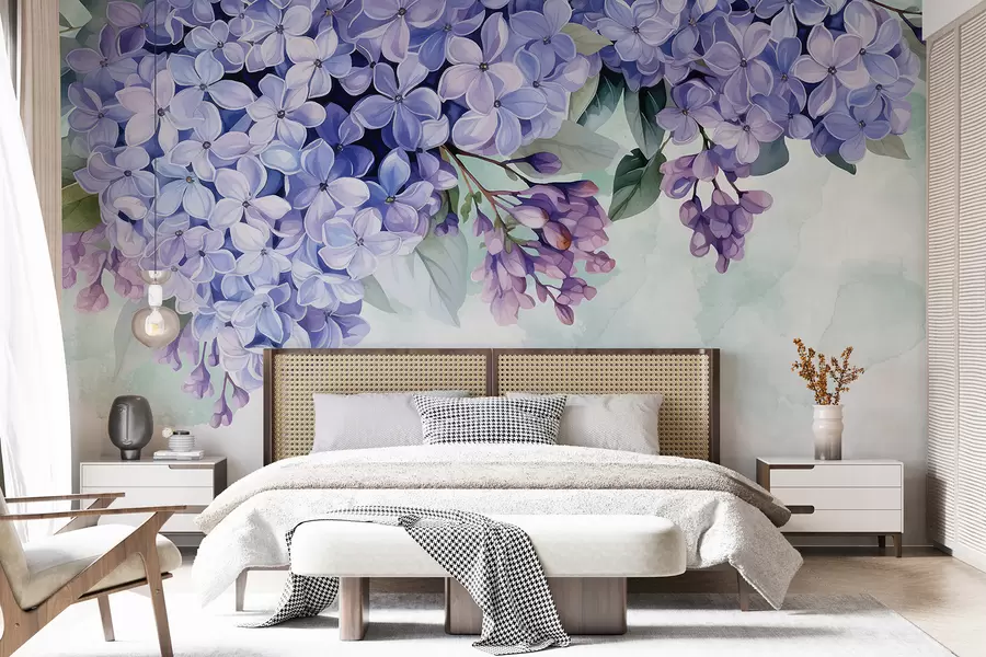 wall murals Живољубичасти цветови хортензије са зеленим листовима, испуњавају оквир на мекој, замућеној позадини w08223