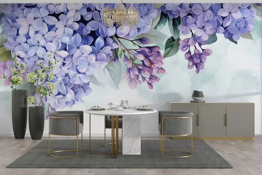 wall murals Живољубичасти цветови хортензије са зеленим листовима, испуњавају оквир на мекој, замућеној позадини w08223