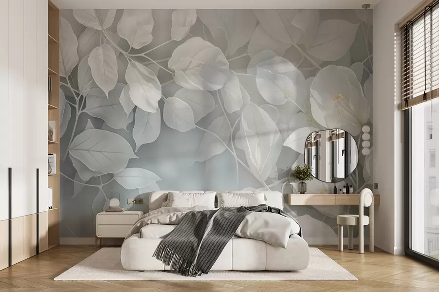 wall murals Меко, нежно бело цвеће са сиво-зеленим листовима на замућеној позадини, стварајући спокојну атмосферу w08232