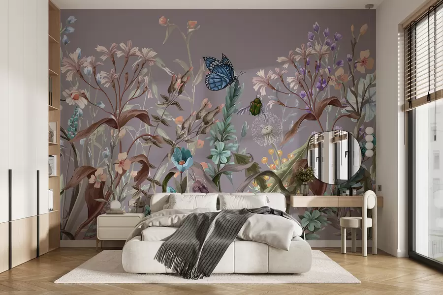wall murals Шарена љубичаста илустрација бујне, цветне баште са инсектима у фантастичном стилу из снова w08234v1