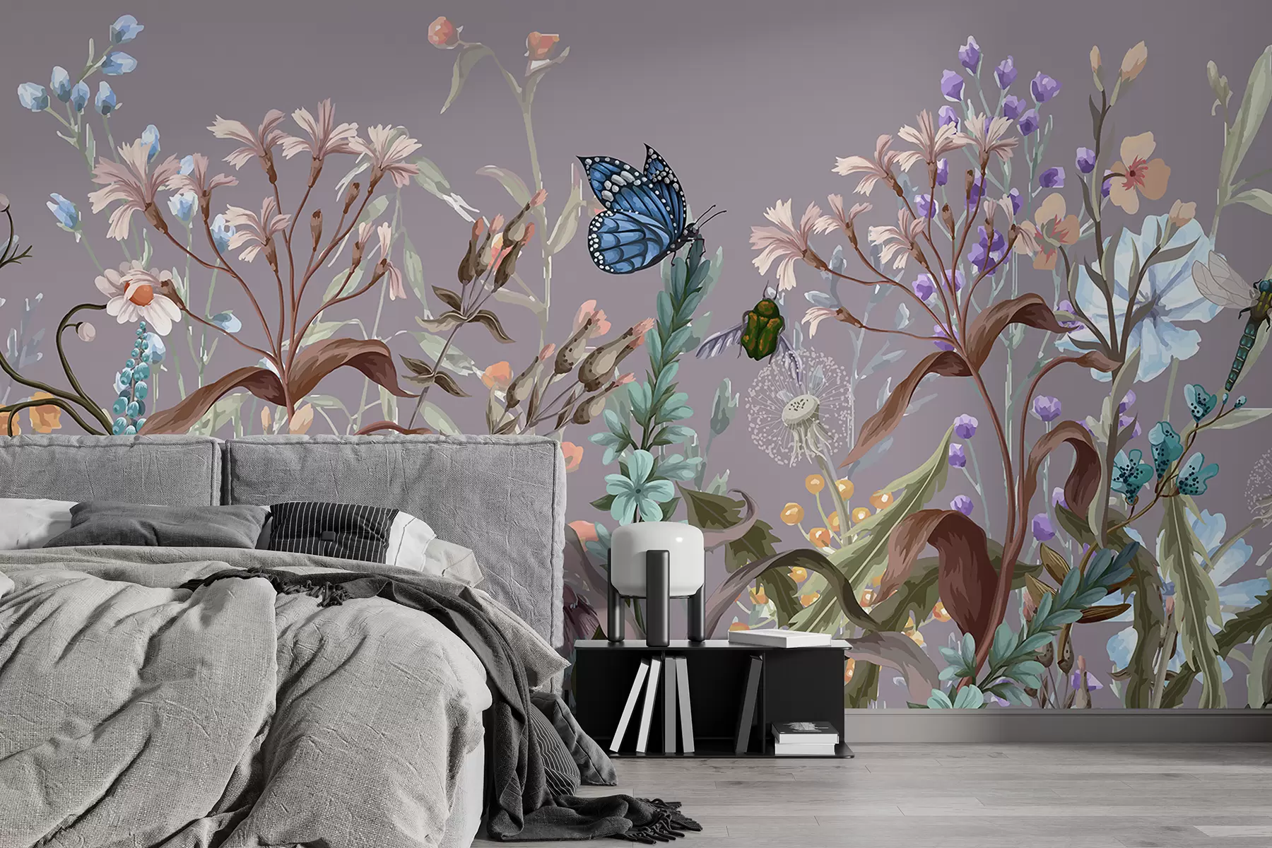 wall murals Шарена љубичаста илустрација бујне, цветне баште са инсектима у фантастичном стилу из снова w08234v1