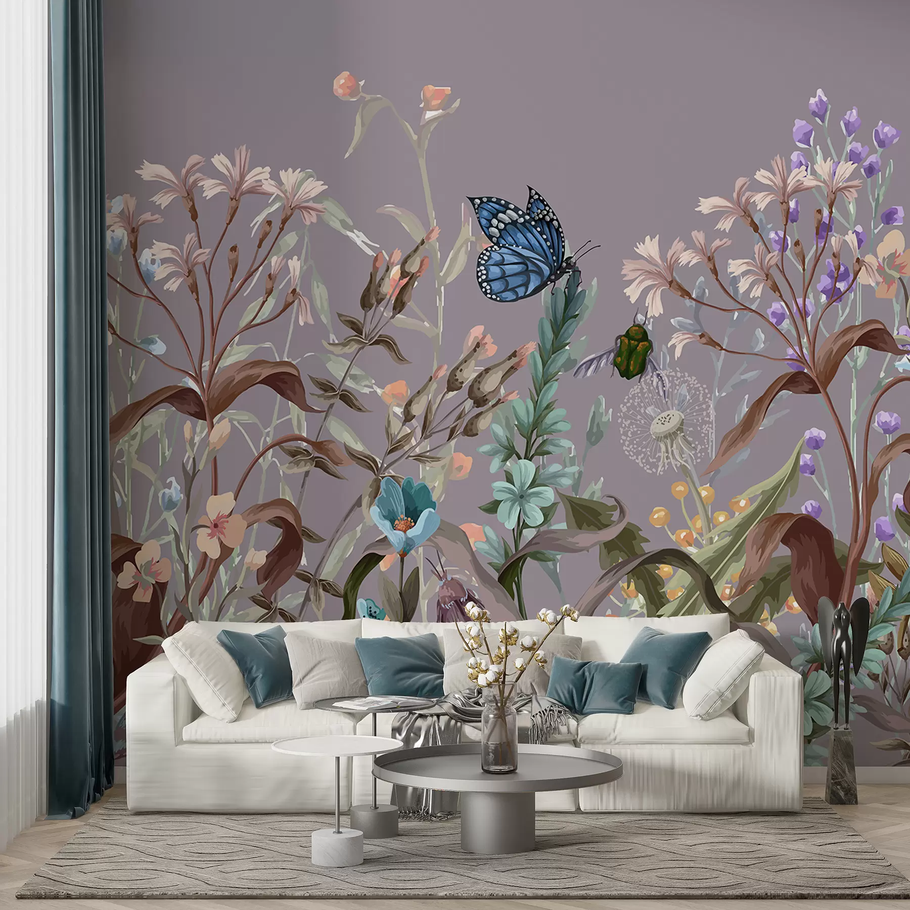 wall murals Шарена љубичаста илустрација бујне, цветне баште са инсектима у фантастичном стилу из снова w08234v1