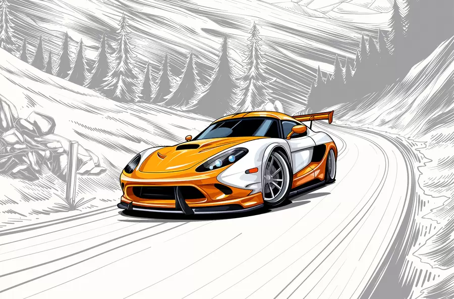 wall murals Наранџасти спортски аутомобил на сивој позадини пута међу планинама и јелама. За украшавање собе за дечака w00954