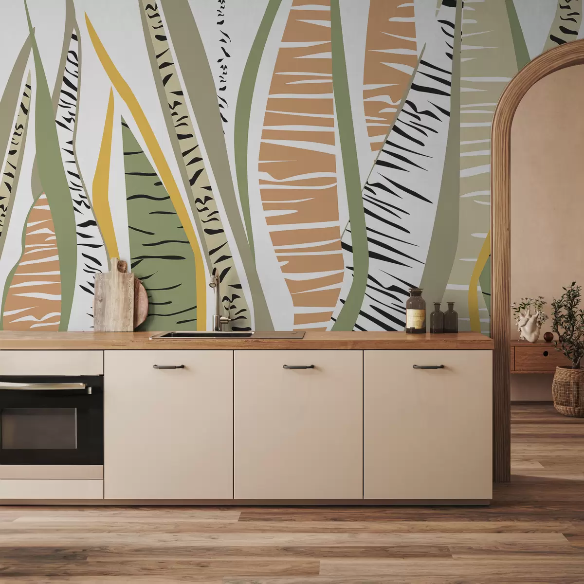 wall murals Стилизована вегетација и листови са хоризонталним и вертикалним пругама w01001v1