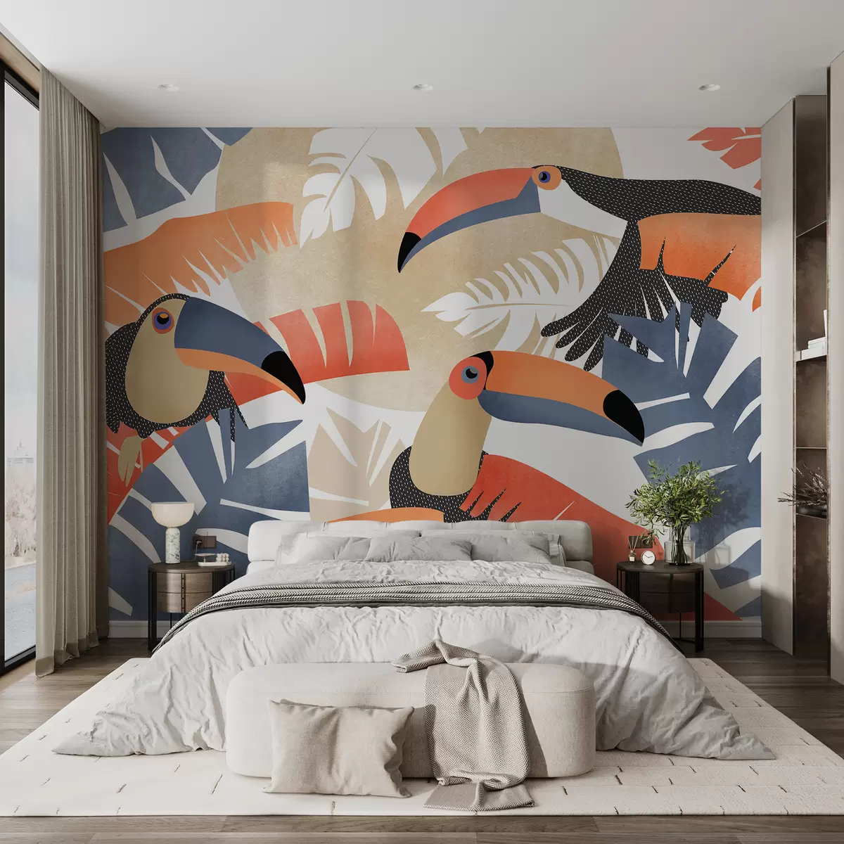wall murals Тукани у тропским листовима, плаве, црвене, наранџасте боје w01008