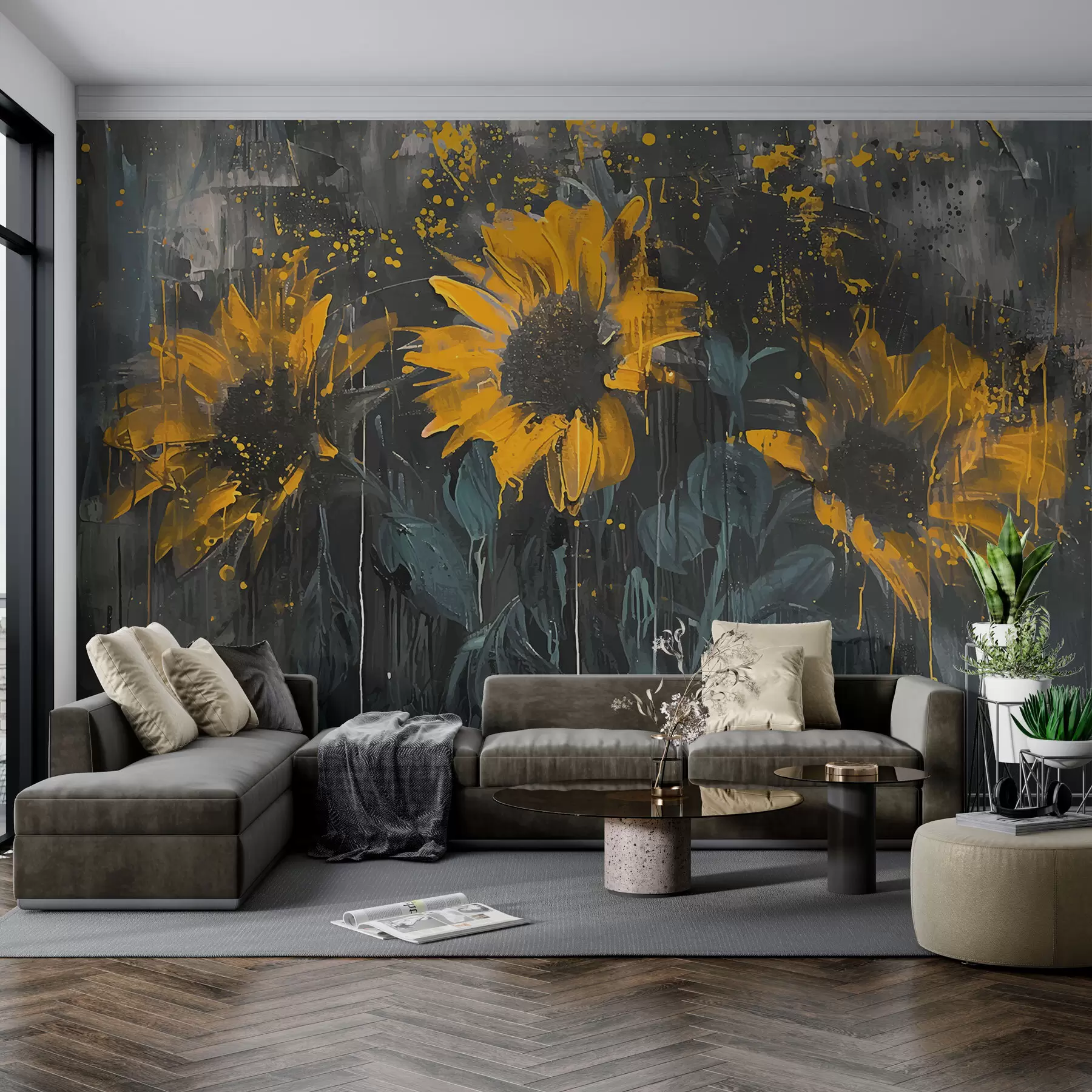wall murals Апстрактна слика сунцокрета, тамно сиве позадине и жутих тонова w01480